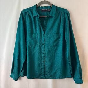 Vintage Givenchy for Chesa Blouse 70's Satin Floral Embossed Teal Polyester 14